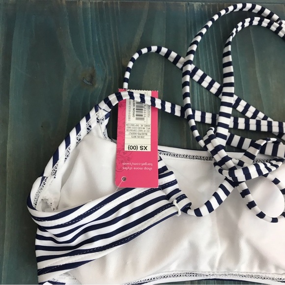 NWT Xhilaration Bikini Top Back Tie Closure Navy Blue White Stripe XS - Picture 5 of 12